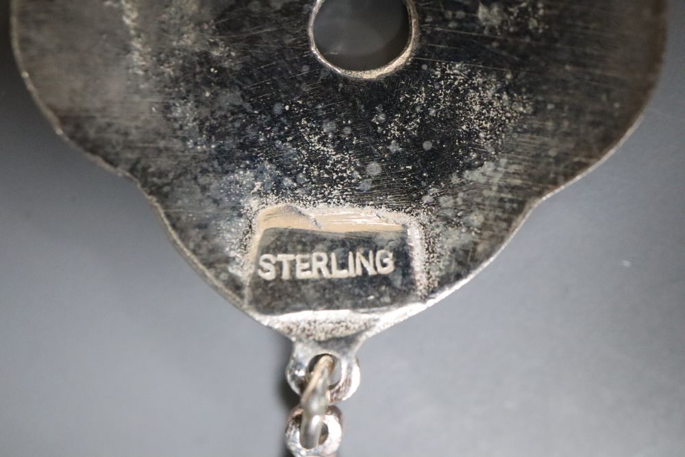 A modern Art Nouveau style sterling and enamel drop pendant necklace, overall 56cm.